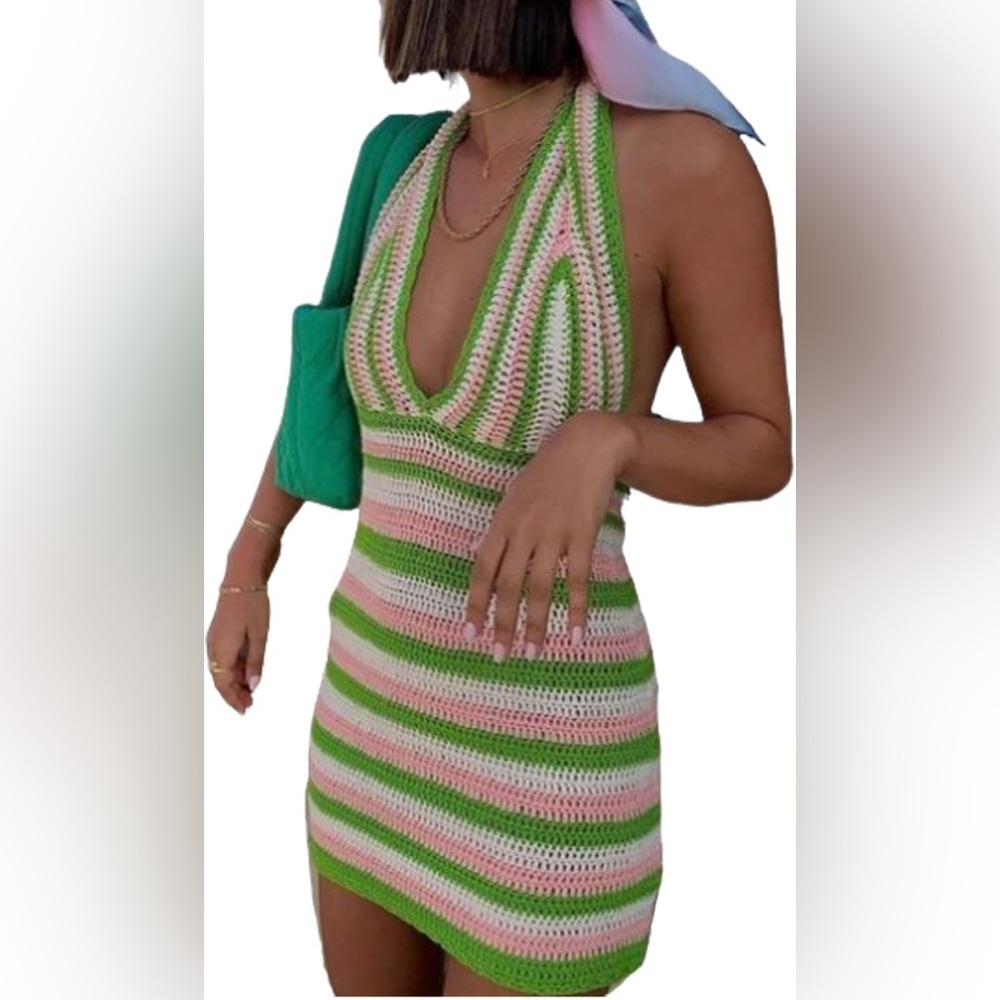 Striped Green and Pink Halter swim cover Dress